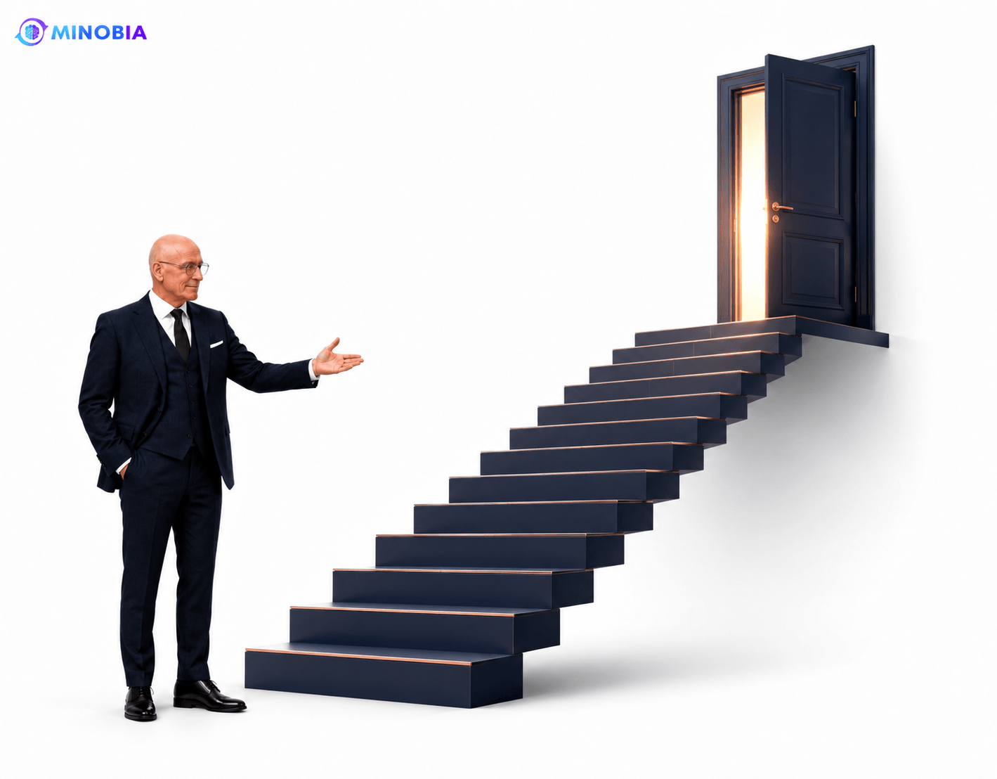 Reprise d’entreprise PME avec escalier menant vers une porte ouverte et une nouvelle étape